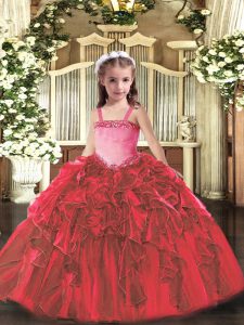 Sleeveless Floor Length Appliques and Ruffles Lace Up Pageant Dresses with Red