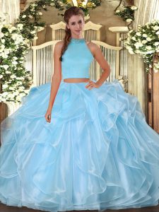 Floor Length Light Blue Ball Gown Prom Dress Halter Top Sleeveless Backless