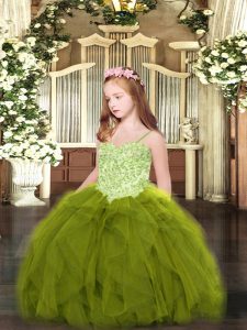 Olive Green Spaghetti Straps Lace Up Appliques and Ruffles Little Girl Pageant Gowns Sleeveless