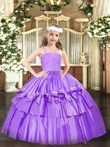 Lavender Ball Gowns Organza Straps Sleeveless Beading and Lace and Ruffled Layers Floor Length Zipper Kids Pageant Dress