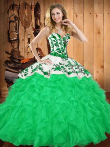 Dynamic Green Quinceanera Dress Military Ball and Sweet 16 and Quinceanera with Embroidery and Ruffles Sweetheart Sleeveless Lace Up