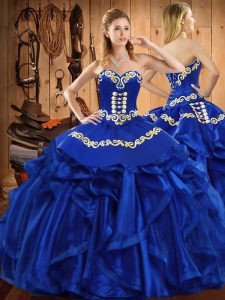 Ball Gowns Quinceanera Dress Royal Blue Sweetheart Satin and Organza Sleeveless Floor Length Lace Up