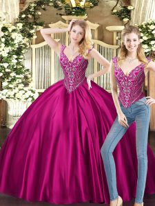 Sweet Beading 15th Birthday Dress Fuchsia Lace Up Sleeveless Floor Length