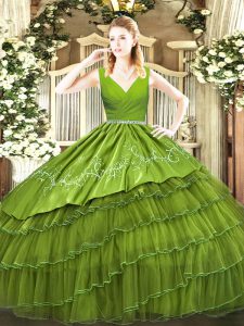 Olive Green Ball Gowns Embroidery and Ruffled Layers 15th Birthday Dress Zipper Satin and Organza Sleeveless Floor Length
