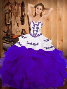 White And Purple Satin and Organza Lace Up Strapless Sleeveless Floor Length 15th Birthday Dress Embroidery and Ruffles