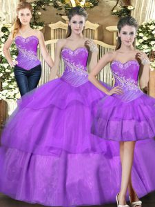 Fitting Eggplant Purple Ball Gowns Tulle Sweetheart Sleeveless Beading and Ruffled Layers Floor Length Lace Up Ball Gown Prom Dress
