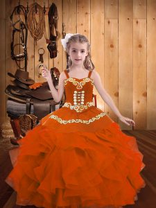 Orange Red Ball Gowns Straps Sleeveless Organza Floor Length Lace Up Embroidery and Ruffles Little Girl Pageant Dress