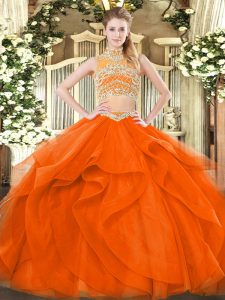 Discount Orange Red Party Dresses Military Ball and Sweet 16 and Quinceanera with Beading and Ruffles High-neck Sleeveless Backless