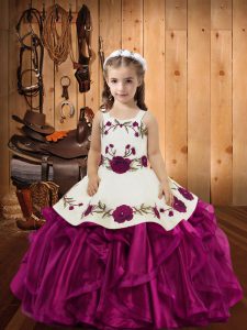 Floor Length Fuchsia Little Girl Pageant Gowns Organza Sleeveless Embroidery and Ruffles