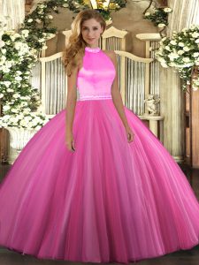 Inexpensive Rose Pink Backless Sweet 16 Dresses Beading Sleeveless Floor Length