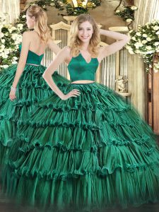 Spectacular Organza Halter Top Sleeveless Zipper Ruffled Layers 15th Birthday Dress in Dark Green