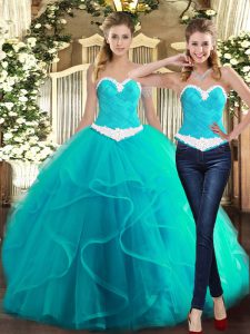 Turquoise Ball Gowns Ruffles Military Ball Dresses For Women Lace Up Tulle Sleeveless Floor Length