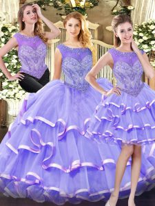 Sleeveless Organza Floor Length Zipper 15 Quinceanera Dress in Lavender with Beading and Ruffled Layers
