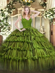 Custom Design Olive Green V-neck Neckline Beading and Lace and Ruffled Layers Sweet 16 Dress Sleeveless Backless