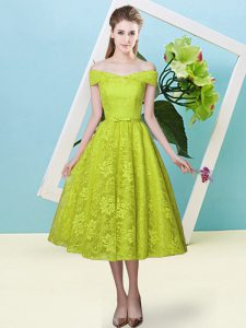 Decent Olive Green Cap Sleeves Lace Lace Up Vestidos de Damas for Prom and Party and Wedding Party