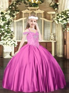 Fancy Fuchsia Lace Up Off The Shoulder Beading Girls Pageant Dresses Satin Sleeveless