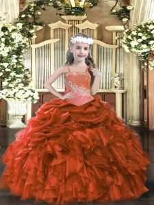 Ball Gowns Little Girl Pageant Gowns Rust Red Straps Organza Sleeveless Floor Length Lace Up