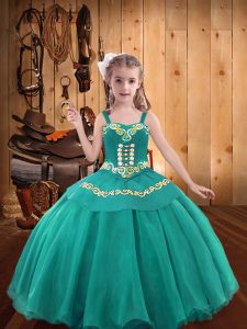 Teal Ball Gowns Straps Sleeveless Organza Lace Up Embroidery and Ruffles Pageant Gowns For Girls