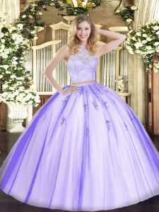 Unique Lavender Zipper Scoop Lace and Appliques Sweet 16 Quinceanera Dress Tulle Sleeveless