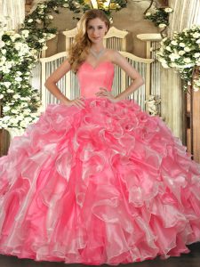 Gorgeous Watermelon Red Sleeveless Organza Lace Up 15th Birthday Dress for Military Ball and Sweet 16 and Quinceanera