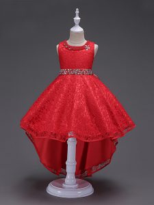 Red A-line Beading Pageant Dress for Womens Lace Up Lace Sleeveless High Low