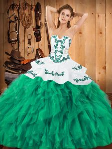 Admirable Turquoise Ball Gowns Strapless Sleeveless Satin and Organza Floor Length Lace Up Embroidery and Ruffles Sweet 16 Quinceanera Dress