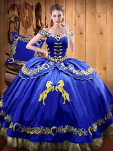 Royal Blue Ball Gowns Beading and Embroidery Ball Gown Prom Dress Lace Up Satin and Organza Sleeveless Floor Length