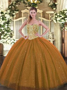 Modest Floor Length Lace Up Ball Gown Prom Dress Brown for Military Ball and Sweet 16 and Quinceanera with Beading