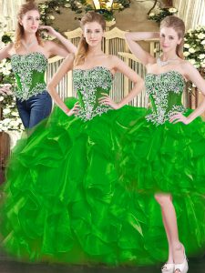 Green Vestidos de Quinceanera Military Ball and Sweet 16 and Quinceanera with Beading and Ruffles Sweetheart Sleeveless Lace Up