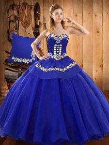 High Class Tulle Sweetheart Sleeveless Lace Up Ruffles Party Dress for Girls in Blue