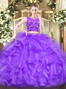 High Quality Floor Length Zipper Ball Gown Prom Dress Lavender for Military Ball and Sweet 16 and Quinceanera with Beading and Ruffles
