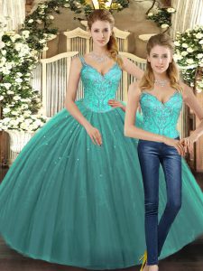 Custom Made Turquoise Tulle Lace Up 15 Quinceanera Dress Sleeveless Floor Length Beading