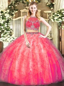 Comfortable Coral Red Two Pieces Scoop Sleeveless Tulle Floor Length Zipper Beading and Ruffles Quinceanera Gown