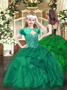 Attractive Dark Green Ball Gowns Beading and Ruffles Little Girls Pageant Dress Lace Up Organza Sleeveless Floor Length