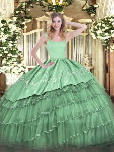 Green Sleeveless Embroidery and Ruffled Layers Floor Length Sweet 16 Dress