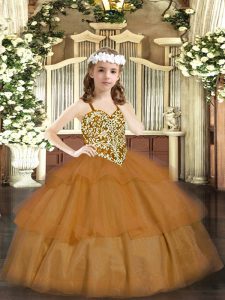 Latest Brown Organza Lace Up Little Girls Pageant Dress Wholesale Sleeveless Floor Length Beading and Ruffled Layers