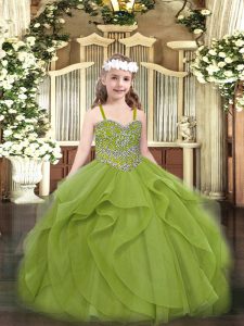 Olive Green Lace Up Straps Beading and Ruffles Little Girls Pageant Gowns Tulle Sleeveless