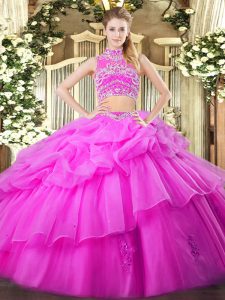 Pretty Floor Length Backless Ball Gown Prom Dress Lilac for Military Ball and Sweet 16 and Quinceanera with Beading and Ruffles and Pick Ups