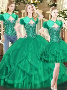 Vintage Floor Length Ball Gowns Sleeveless Dark Green Quince Ball Gowns Lace Up
