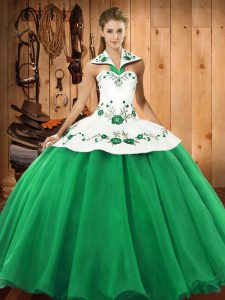 Green Halter Top Lace Up Embroidery Sweet 16 Dress Sleeveless
