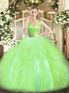 Noble Yellow Green Ball Gowns V-neck Sleeveless Tulle Floor Length Zipper Beading and Ruffles Quinceanera Dress