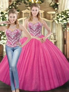 Stylish Hot Pink Sleeveless Beading Floor Length Vestidos de Quinceanera