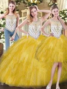 Yellow Sleeveless Beading and Ruffles Floor Length Quinceanera Gowns