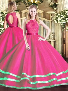 Scoop Sleeveless Military Ball Dresses Floor Length Lace Hot Pink Tulle
