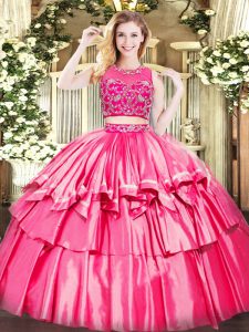 Free and Easy Beading and Ruffled Layers Sweet 16 Dresses Hot Pink Zipper Sleeveless Floor Length