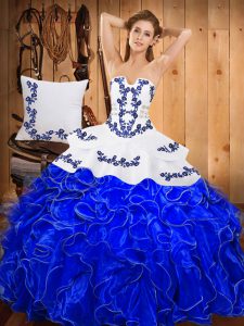 Cute Floor Length Blue And White 15th Birthday Dress Satin and Organza Sleeveless Embroidery and Ruffles