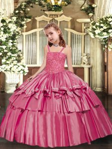 Sleeveless Taffeta Floor Length Lace Up Glitz Pageant Dress in Rose Pink with Beading and Ruffled Layers