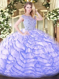 Sophisticated Lavender Vestidos de Quinceanera Military Ball and Sweet 16 and Quinceanera with Beading and Ruffled Layers Bateau Sleeveless Sweep Train Zipper