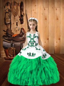 Straps Sleeveless Kids Pageant Dress Floor Length Embroidery and Ruffles Turquoise Organza