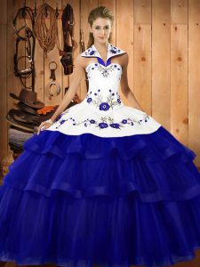 Colorful Royal Blue Quince Ball Gowns Organza Sweep Train Sleeveless Embroidery and Ruffled Layers